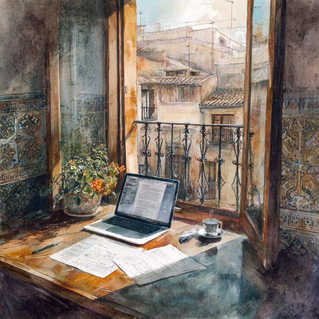 Laptop sitting on table overlooking balcony in Spain representing on online real estate closing