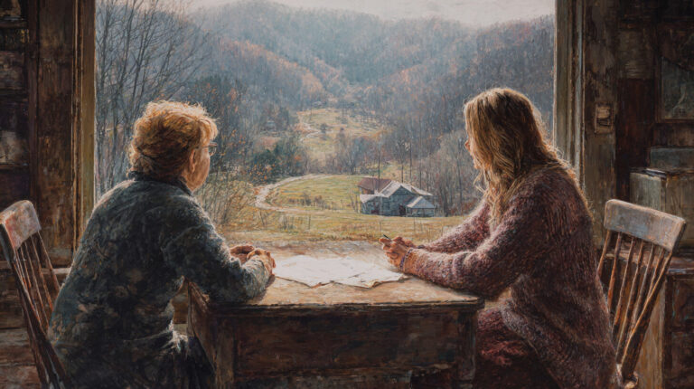 Mother and daughter sitting at kitchen table discussing heirship property illustration