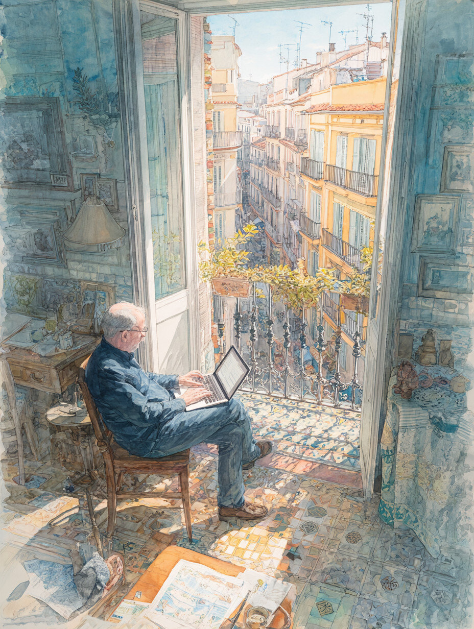 Man sitting at laptop in front of balcony window, foreign location, illustrating online real estate closing