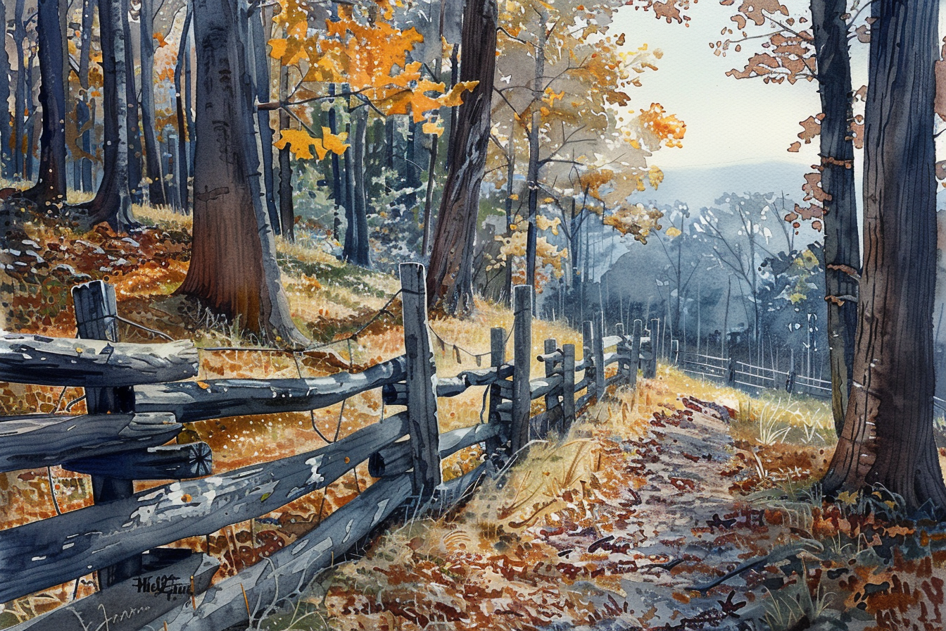 A scenic autumn forest path with a rustic wooden fence, golden leaves scattered on the ground, and sunlight filtering through colorful trees.