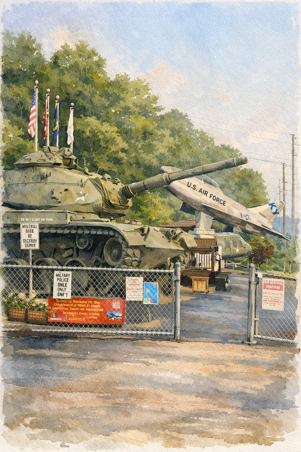 Watercolor illustration of Greenup County War Memorial displaying tank and fighter pilot