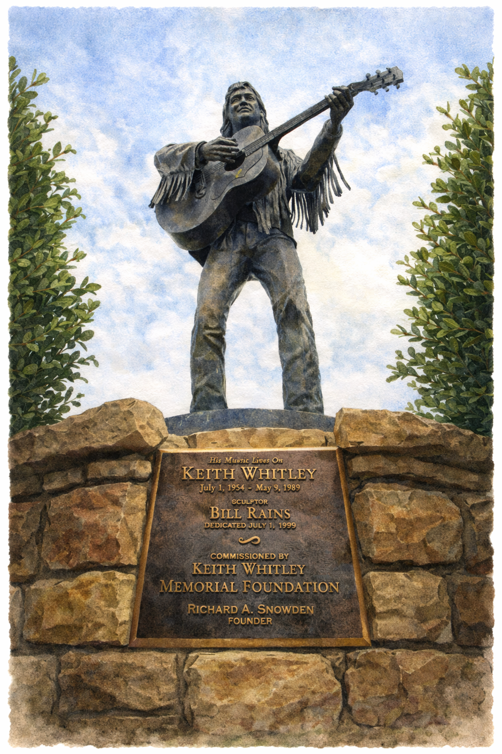 Keith Whitley Statue Elliott County KY watercolor illustration