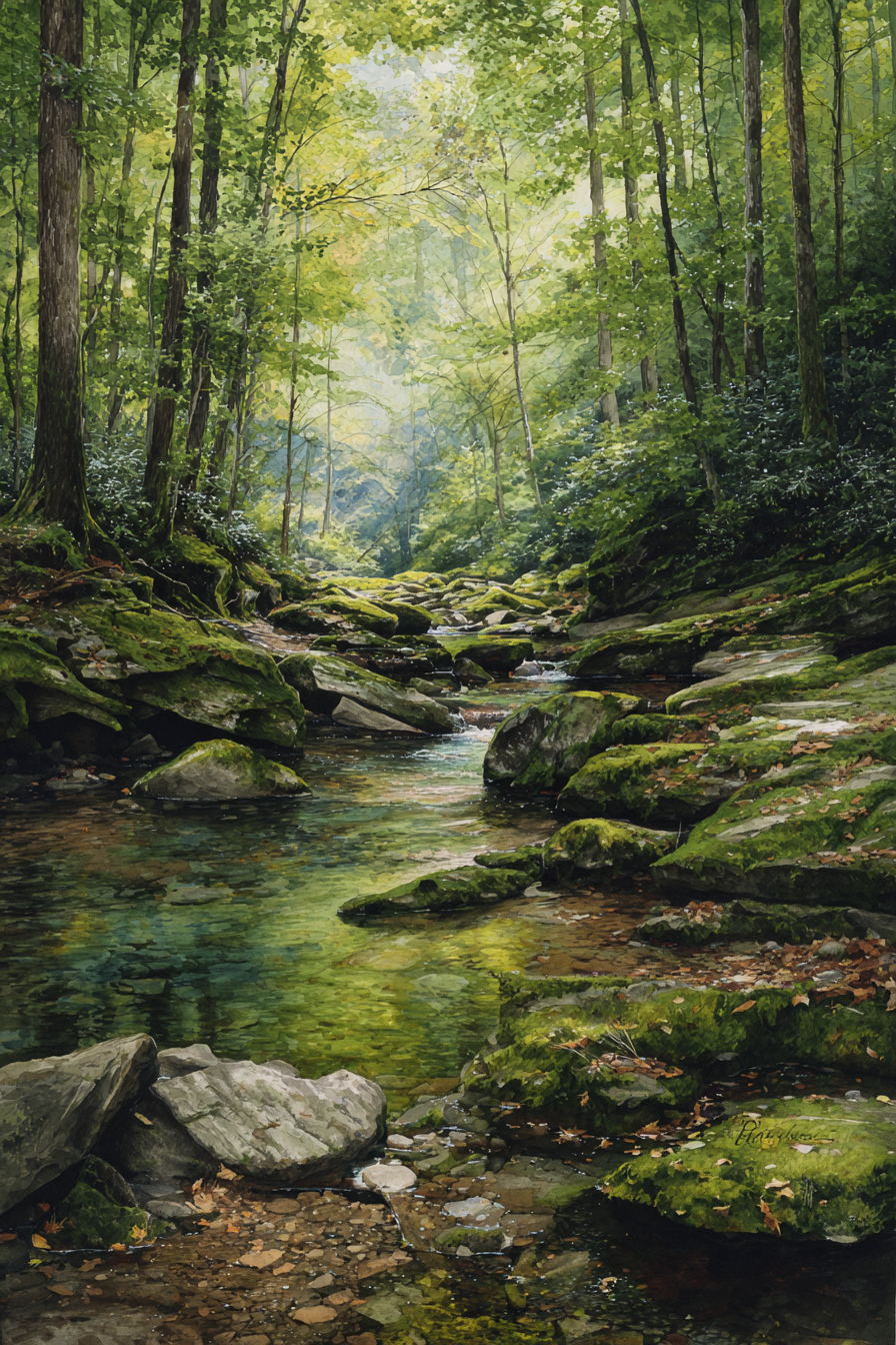 Nature creek scene Elliott County KY watercolor illustration