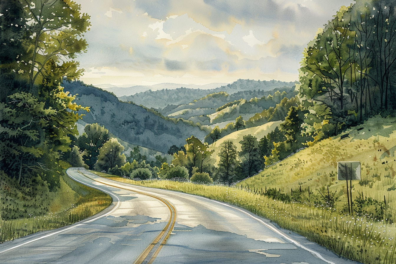 A winding road curves through a lush, hilly landscape with trees and fields under a cloudy sky, painted in a watercolor style.