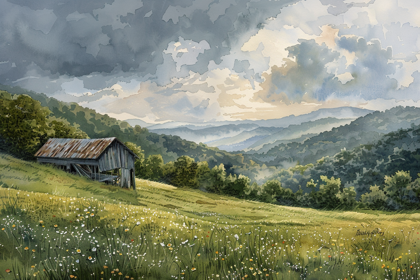 A rustic barn sits in a wildflower-dotted meadow under dramatic, cloudy skies, with rolling green hills and distant mountains in the background.