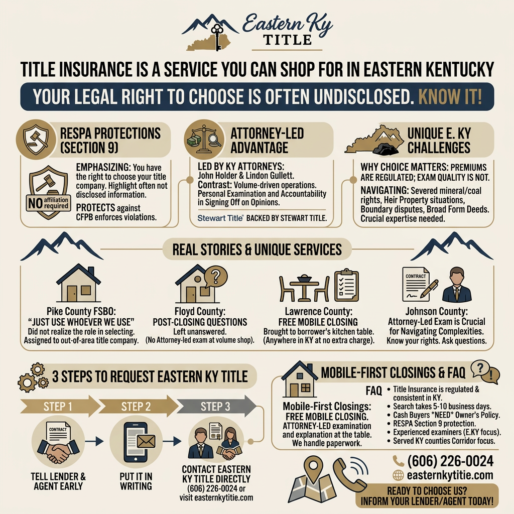 Infographic for Eastern KY Title explains title insurance, legal rights, unique regional challenges, attorney-led advantages, customer stories, steps to request service, mobile closings, and contact information.