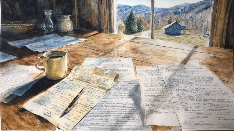 A rustic table with scattered handwritten papers, a mug of coffee, and a pen; sunlight streams in from a window overlooking a barn and rolling hills.