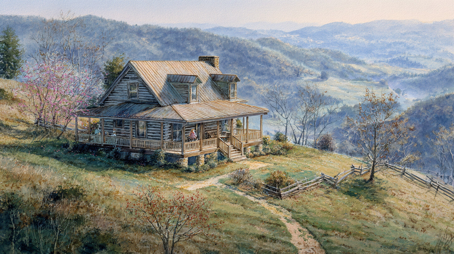 Beautiful cabin sitting on eastern Kentucky hilltop watercolor illustration
